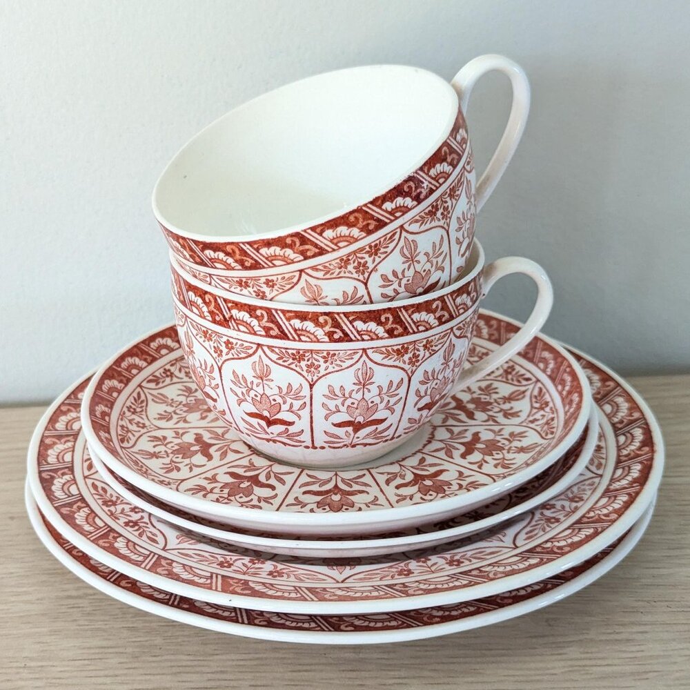 Antique Wedgewood Etruria England Teacup trio 2 sets in Rare red transferware